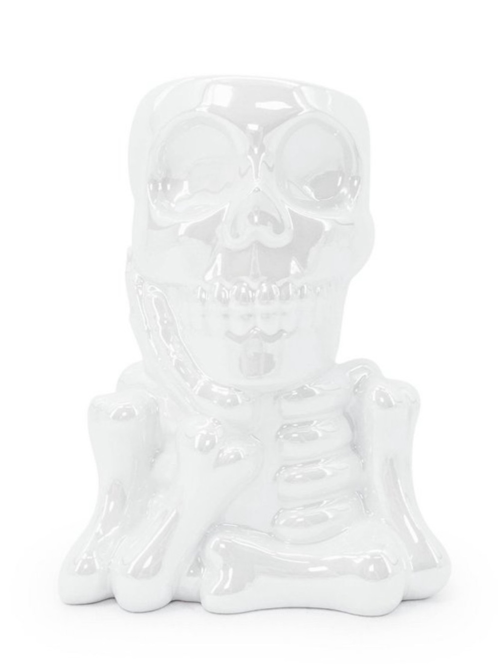 New! White Ceramic Skull / Skeleton Halloween Vase, White Iridescent